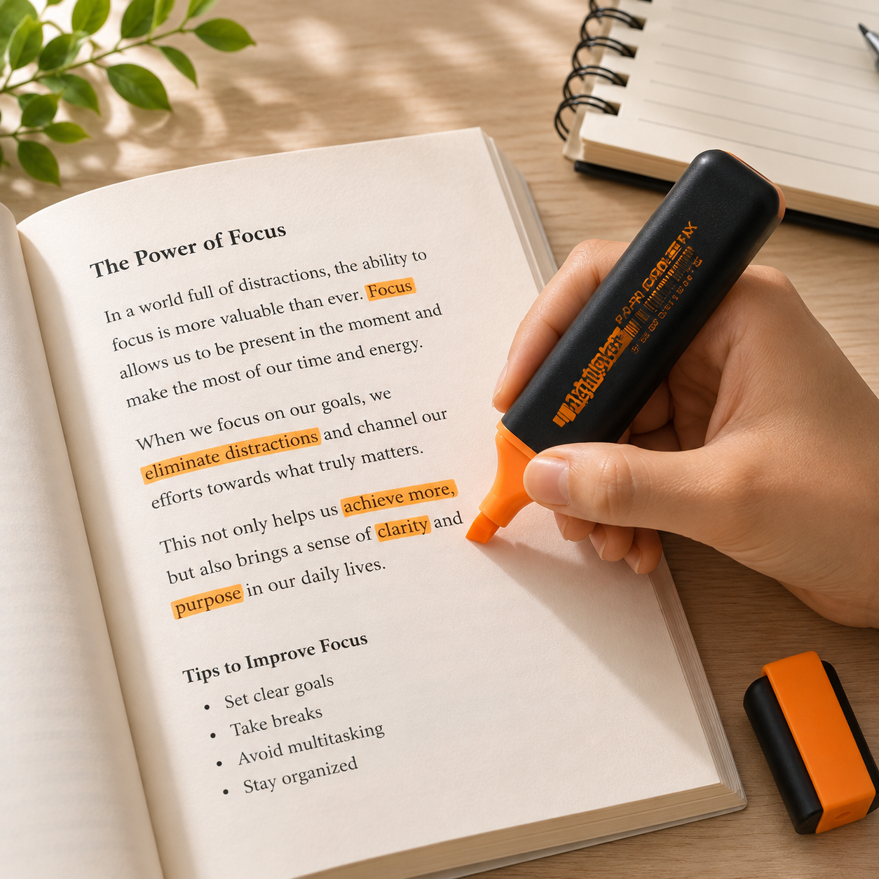 A hand holds a black and orange highlighter over an open book, highlighting text in a warm, well-lit desk scene with a notebook and plant visible in the background.