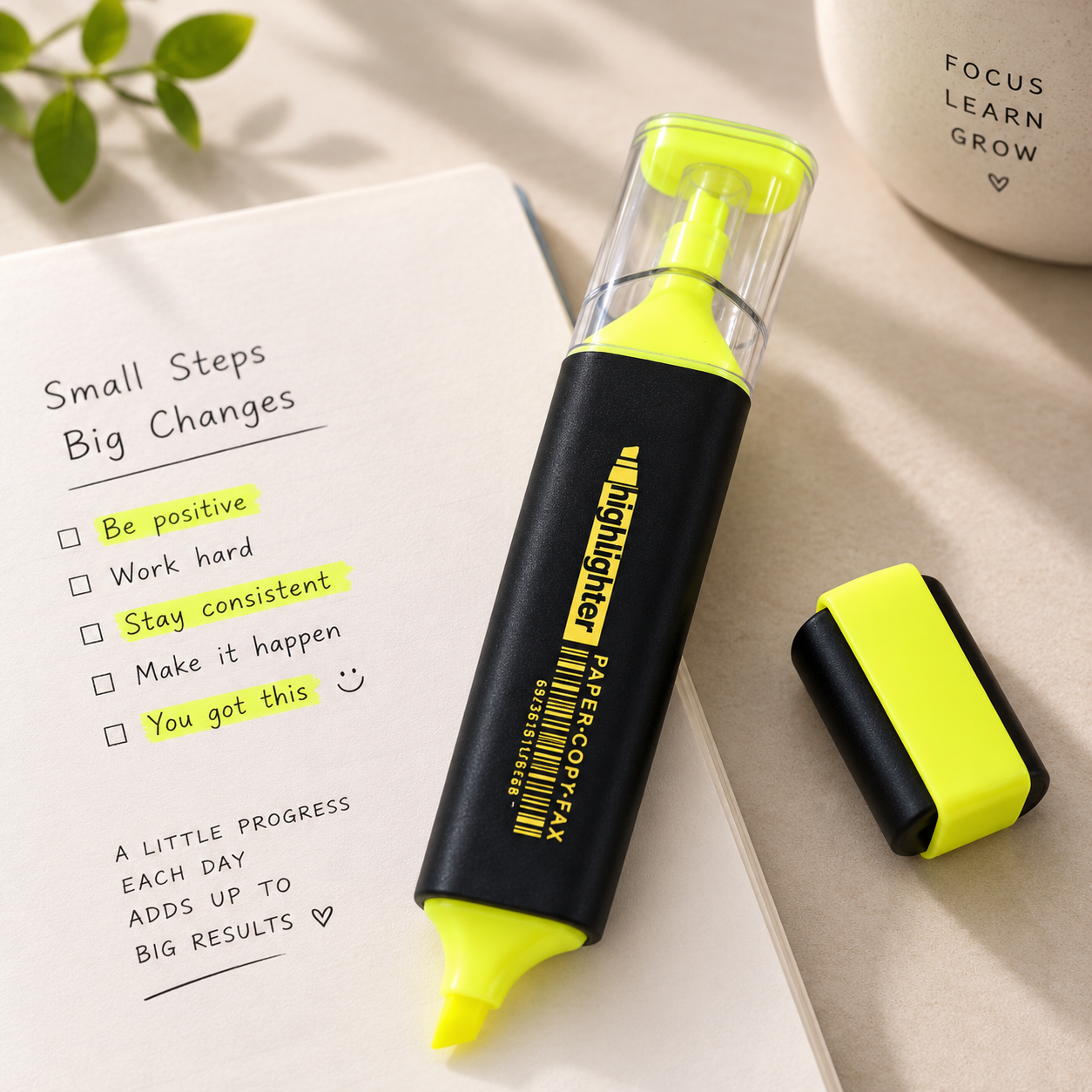 A black and neon yellow highlighter pen with a clear cap, shown alongside its cap on a light beige surface next to a notebook with handwritten notes.