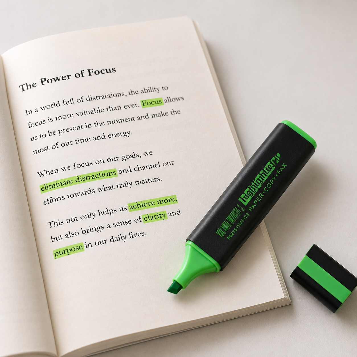 A green and black highlighter resting on an open book, with the cap placed beside it on a light neutral surface.