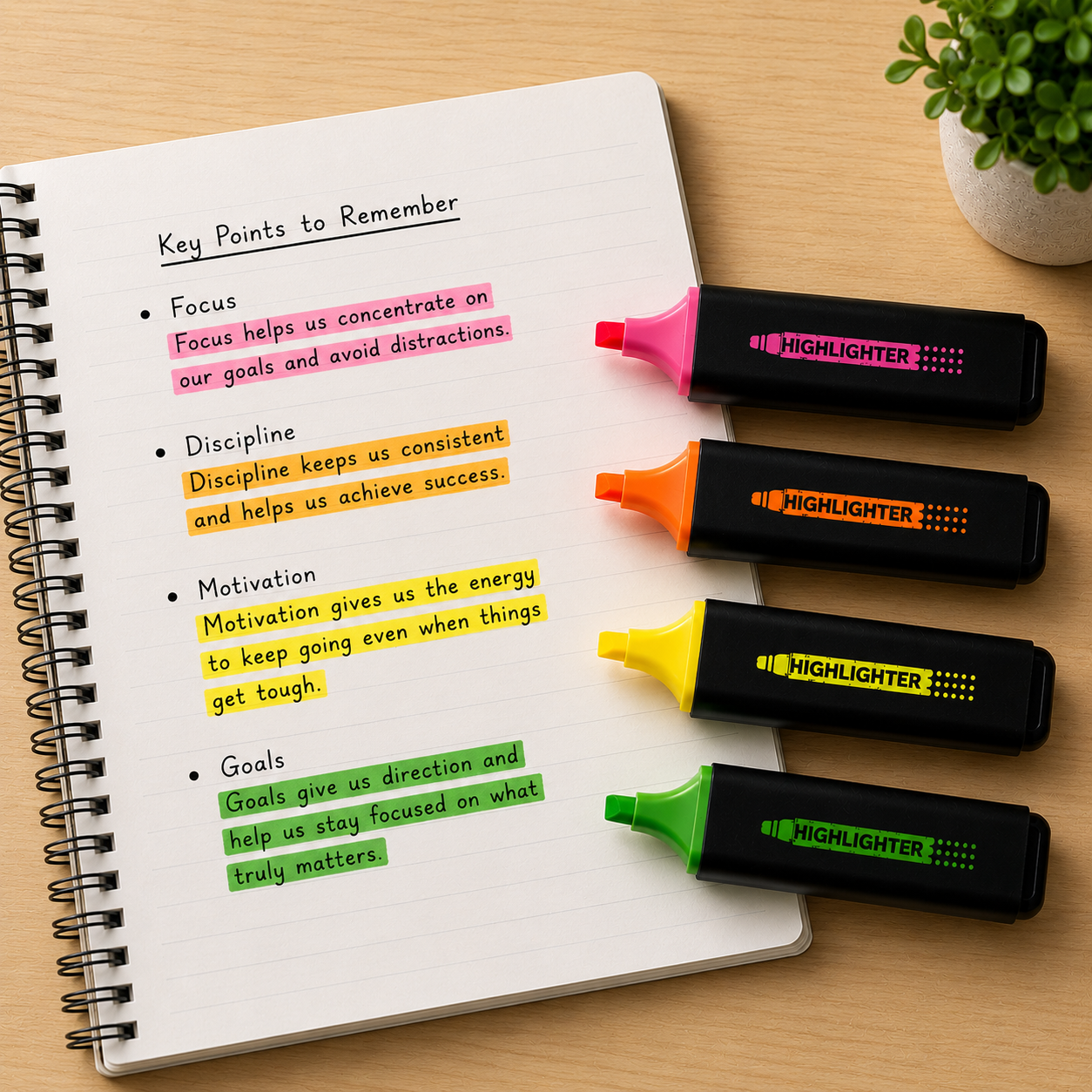 Four highlighters in pink, orange, yellow, and green are arranged on an open spiral notebook on a wooden desk, with handwritten notes in each marker visible.