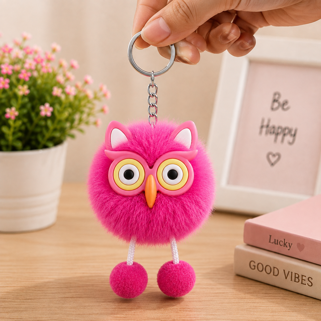 Cute Owl Fur Ball Keychain