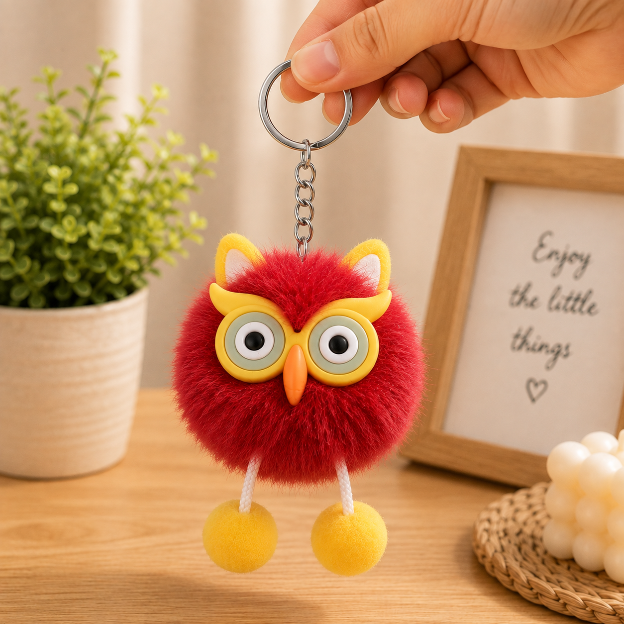 Cute Owl Fur Ball Keychain