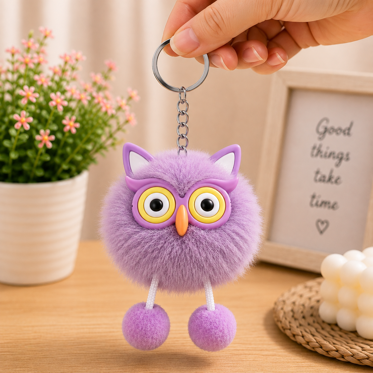 Cute Owl Fur Ball Keychain