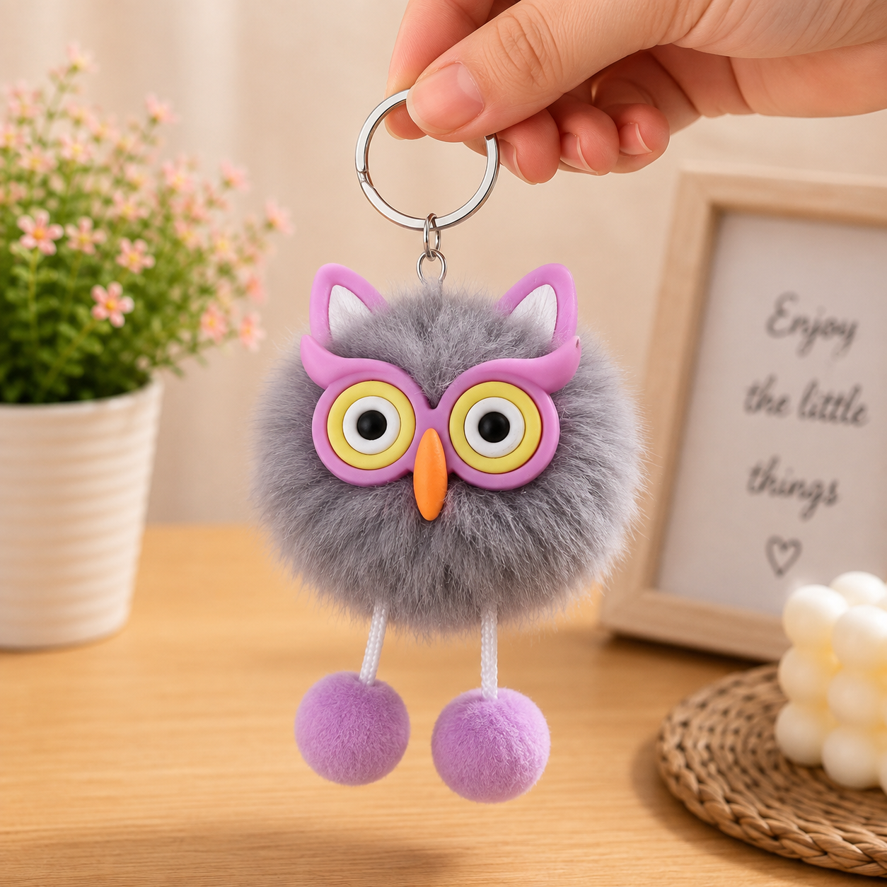 Cute Owl Fur Ball Keychain