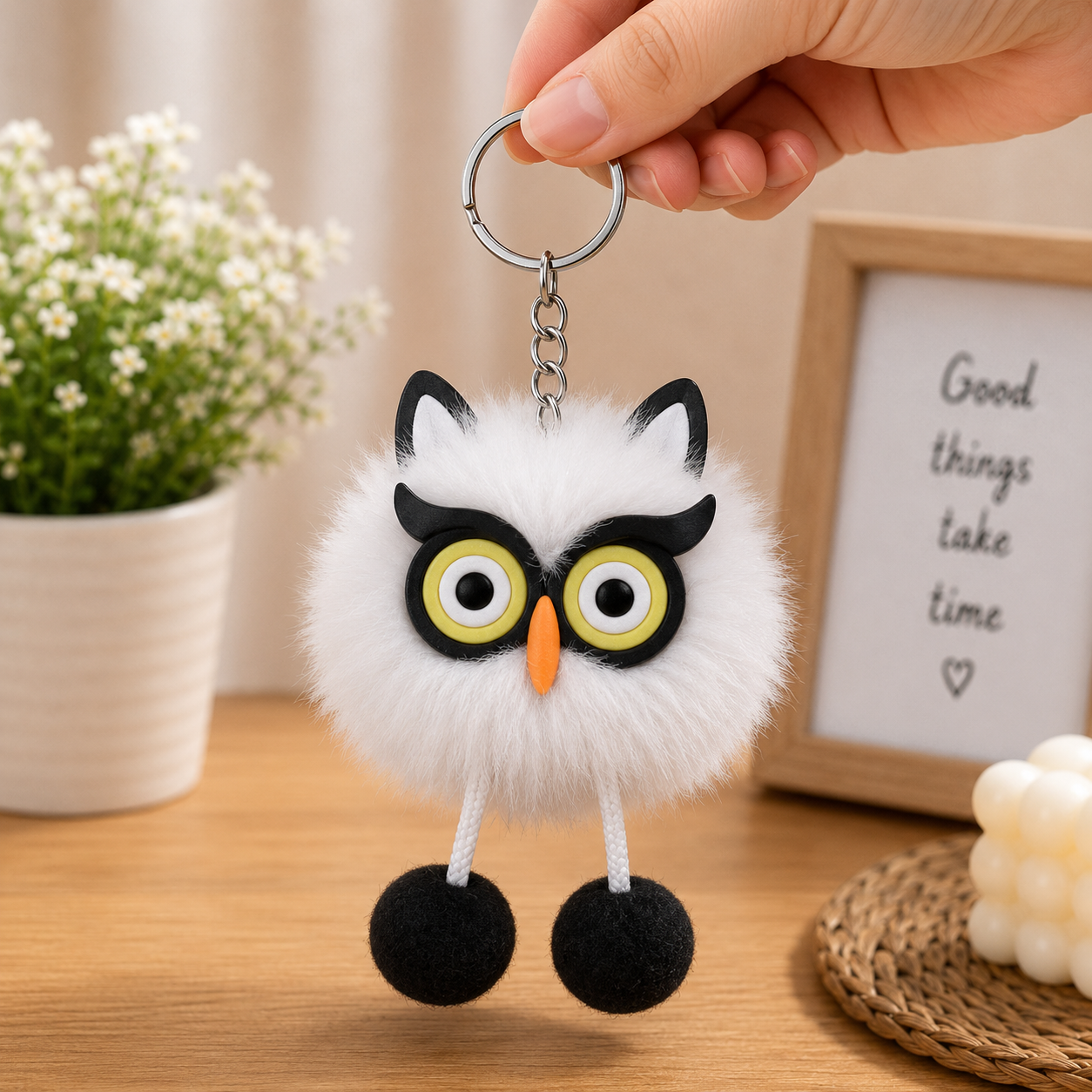 Cute Owl Fur Ball Keychain