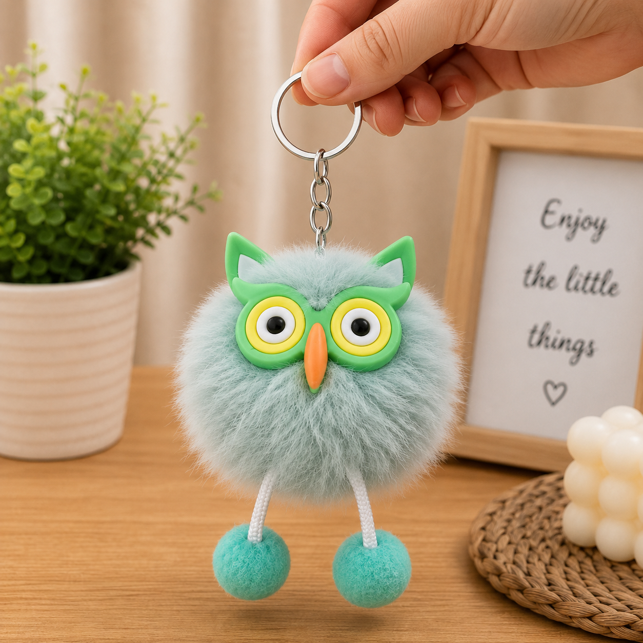 Cute Owl Fur Ball Keychain