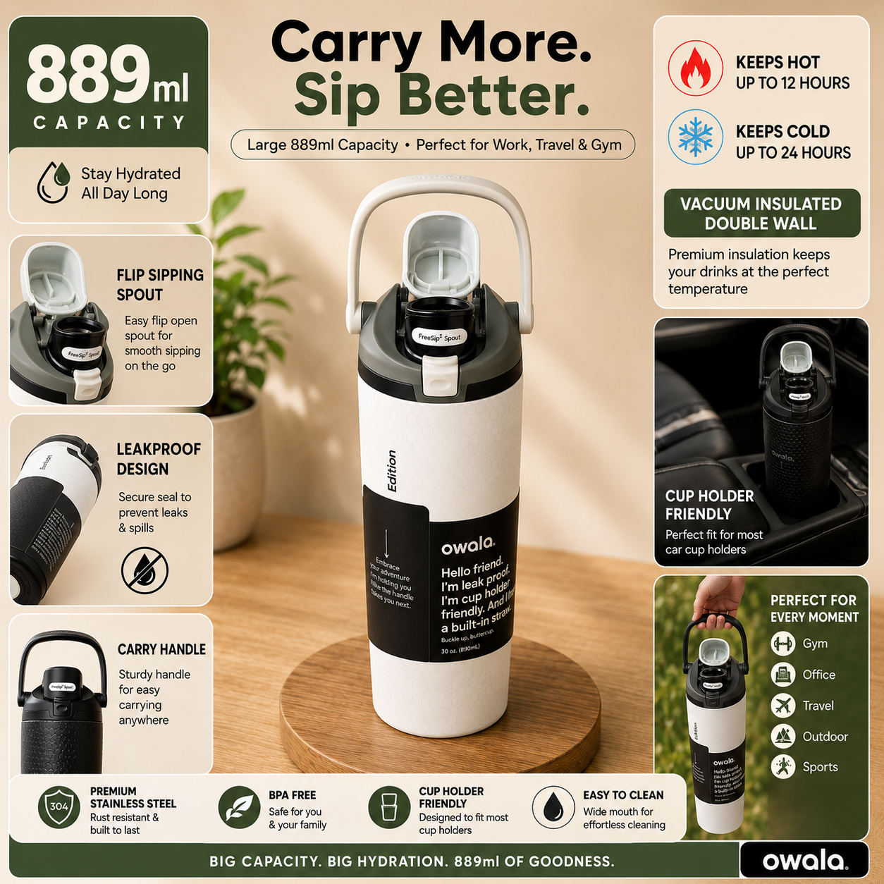 An infographic-style product listing image for an Owala insulated water bottle. The bottle is shown upright on a wooden surface, with multiple callout panels around it describing features like 889ml capacity, flip-sipping spout, leakproof design, carry handle, and vacuum insulated double wall.