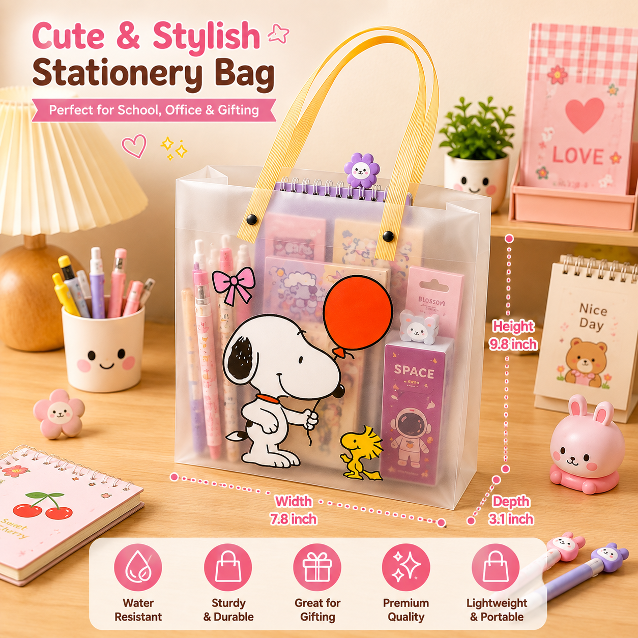 A clear plastic stationery bag with yellow handles, decorated with a cartoon dog and bird graphic, shown filled with stationery items on a desk. The image includes dimension markers for height, width, and depth and a row of feature icons for water resistance, durability, gifting suitability, quality, and portability.