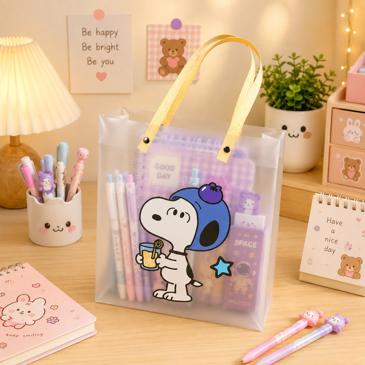 A clear plastic tote bag with gold handles, featuring a cartoon Snoopy character wearing a blue astronaut helmet. The bag is filled with stationery items, including pens, a purple checkered notebook, and a small notebook, and is displayed on a wooden desk in a cozy, decorated room setting.