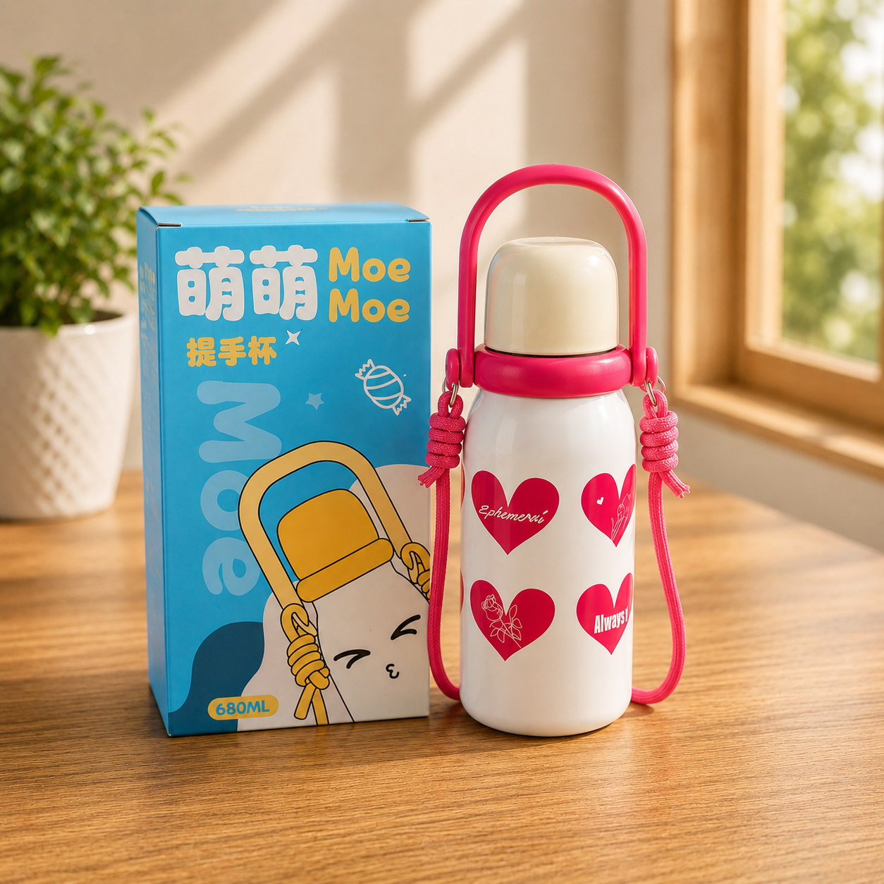 A white insulated water bottle with a bright pink carrying handle and strap stands on a wooden table next to its blue illustrated box. The bottle has pink heart graphics and the words 'Moe' and 'Suckers' printed on it.