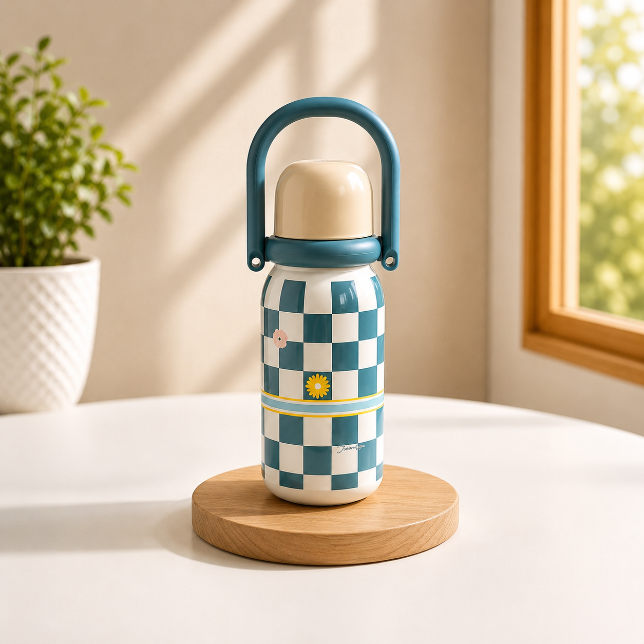 A reusable bottle with a blue and white checkerboard pattern, a blue handle, and a cream-colored lid, sitting on a round wooden coaster on a white table with a window and potted plant in the background.