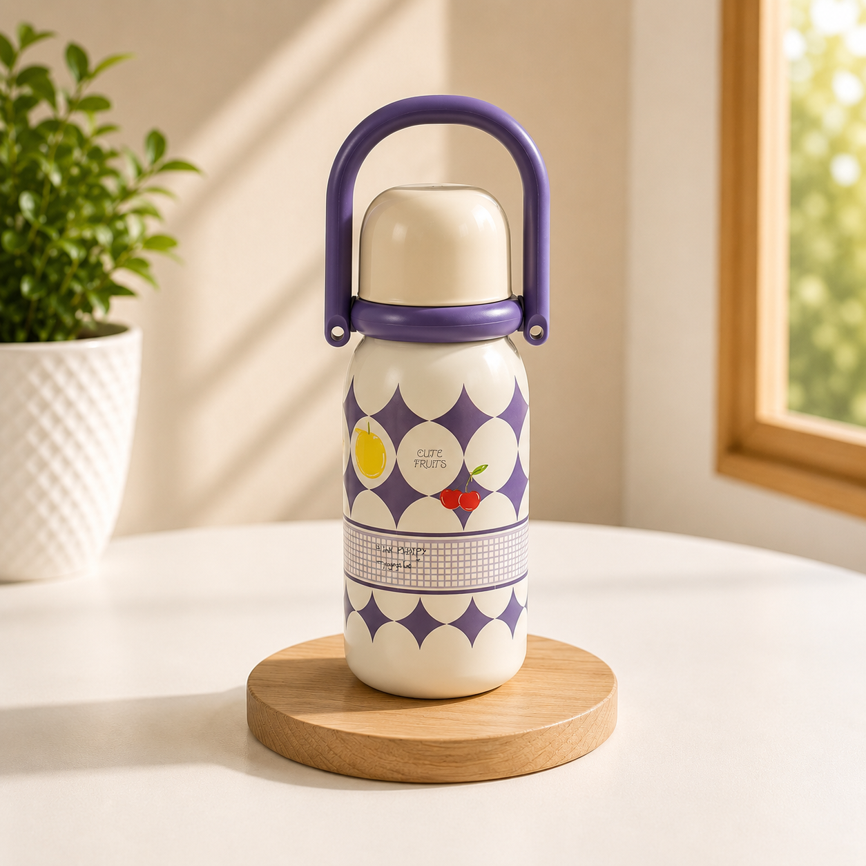 A reusable insulated bottle with a purple handle and lid, featuring a white body with purple scalloped patterns and small fruit illustrations, sitting on a round wooden coaster on a white table.