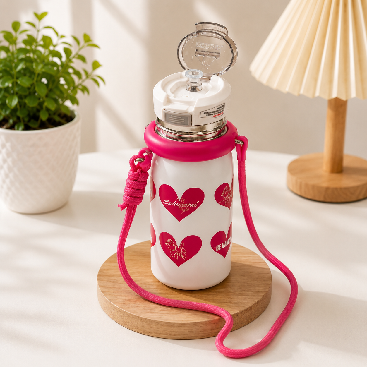 A white insulated water bottle with a bright pink carrying strap and pink heart pattern, displayed on a round wooden coaster on a white table with a potted plant and a pleated lamp in the background.