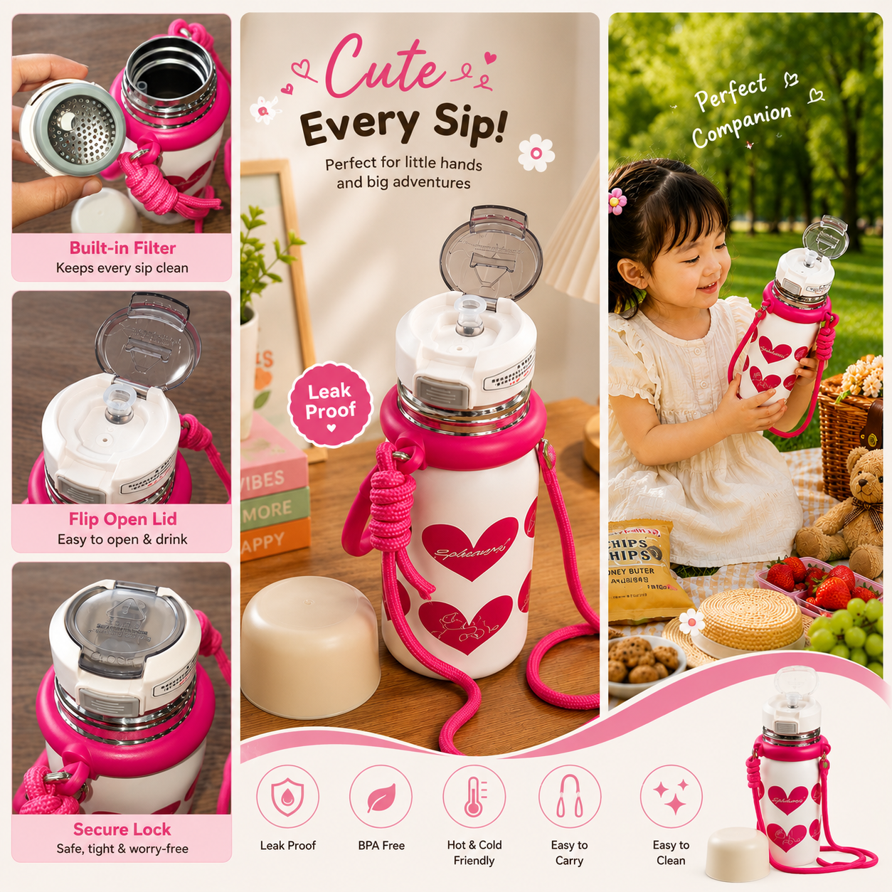A promotional collage for a pink and white water bottle with heart graphics and a matching carrying strap. The collage includes close-up product shots showing the flip-open lid, built-in filter, and secure lock, plus a child holding the bottle outdoors.