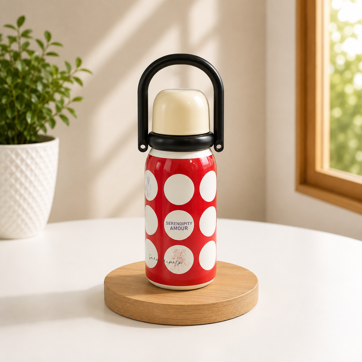 A red insulated bottle with large white polka dots and a cream-colored handle, sitting on a round wooden coaster on a white table. A potted plant is visible in the background on the left, and a window is on the right.
