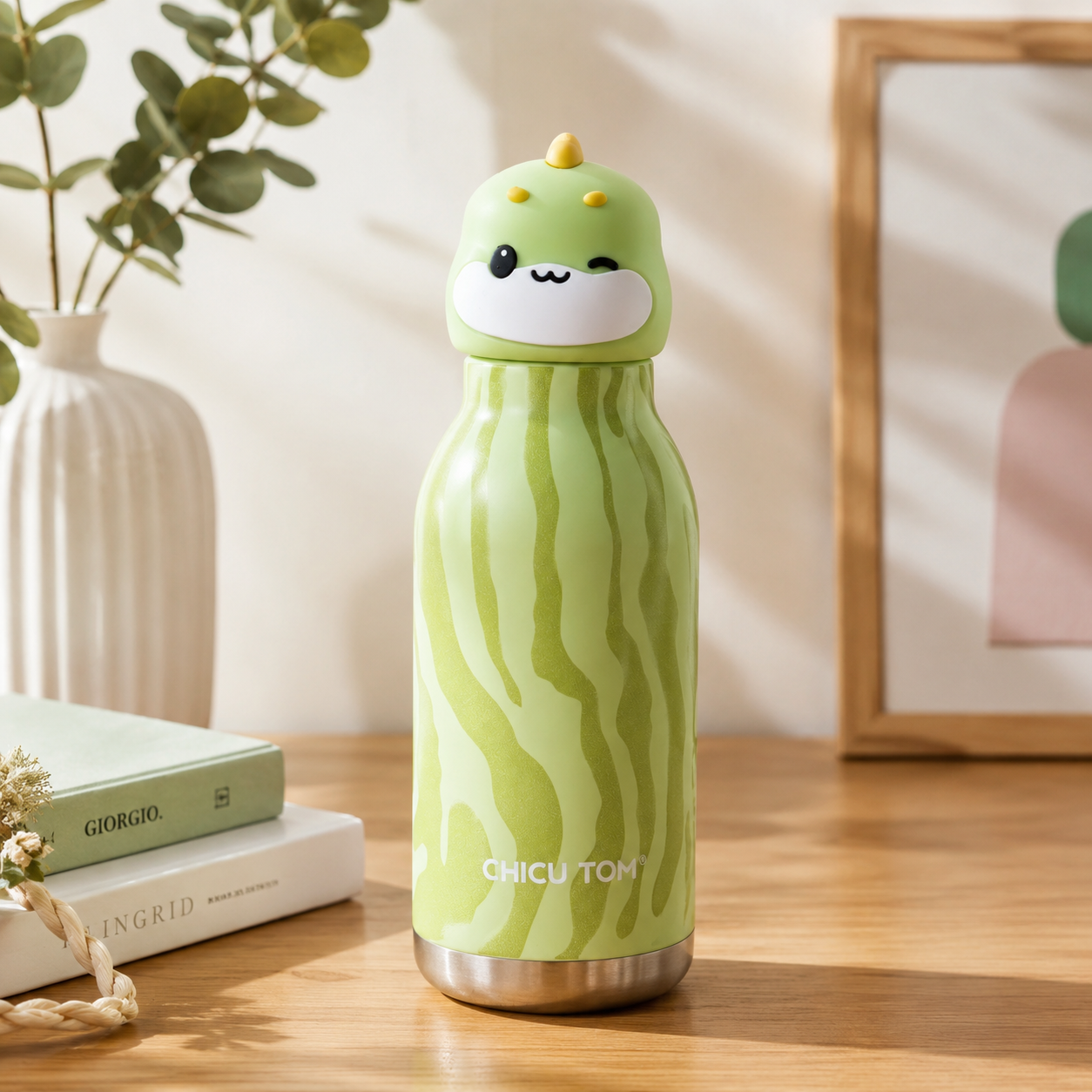 A light green dinosaur-themed insulated bottle with a cute dinosaur character on the lid, standing on a wooden table in a styled room setting.