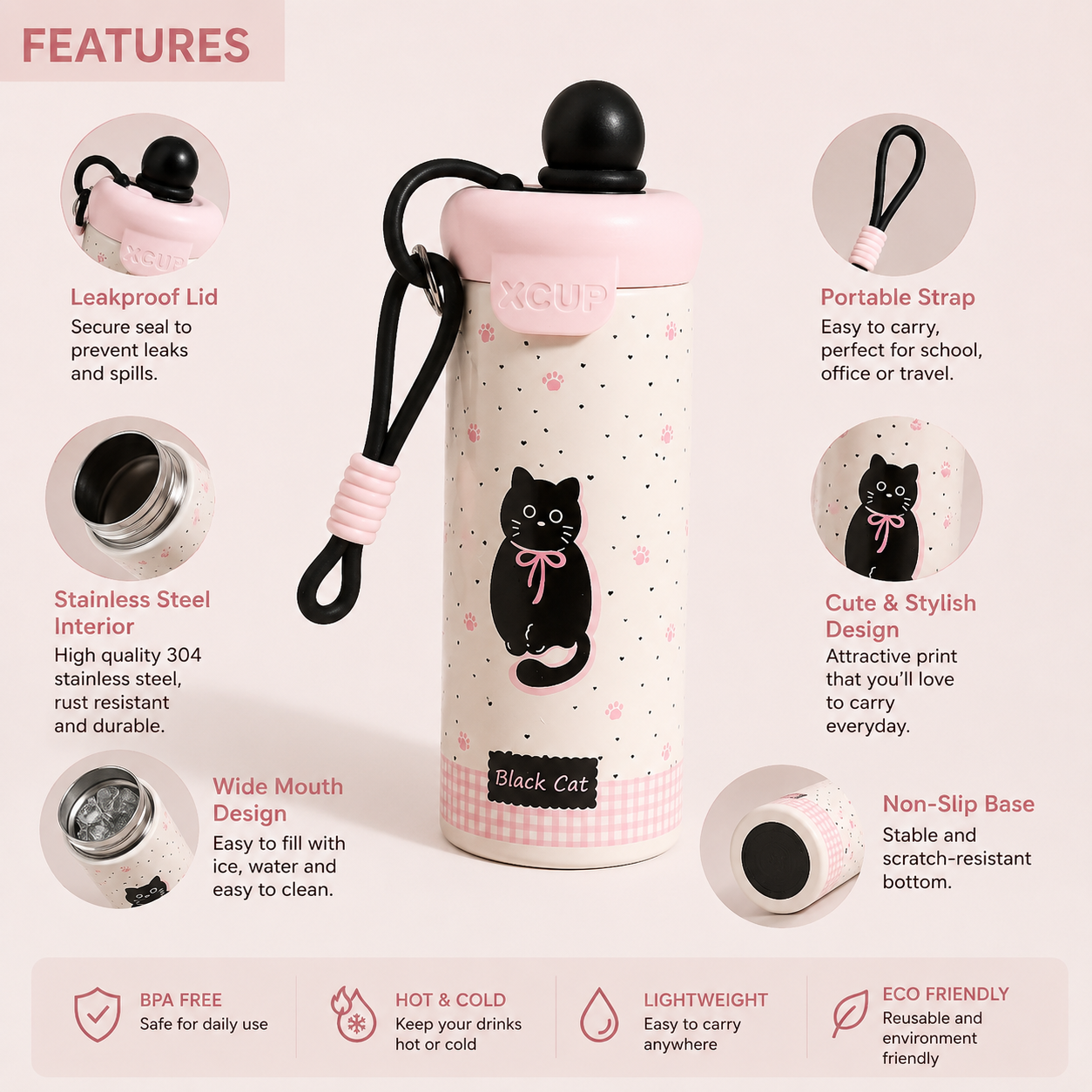 A pink and white insulated water bottle with a black cat illustration, shown in the center with multiple circular feature callouts and text around it on a pale pink background. The bottle has a black cat graphic, pink gingham trim, a black cap, and a black carry strap with a pink loop.