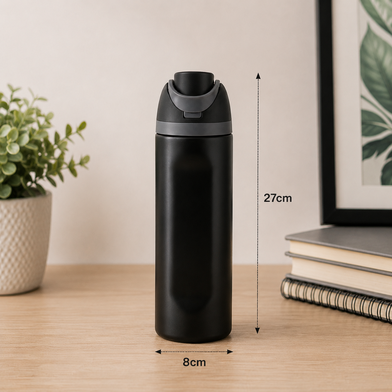 A matte black insulated water bottle with a gray flip-top lid, standing on a light wood desk. White dimension arrows and text indicate a height of 27cm and a base width of 8cm.
