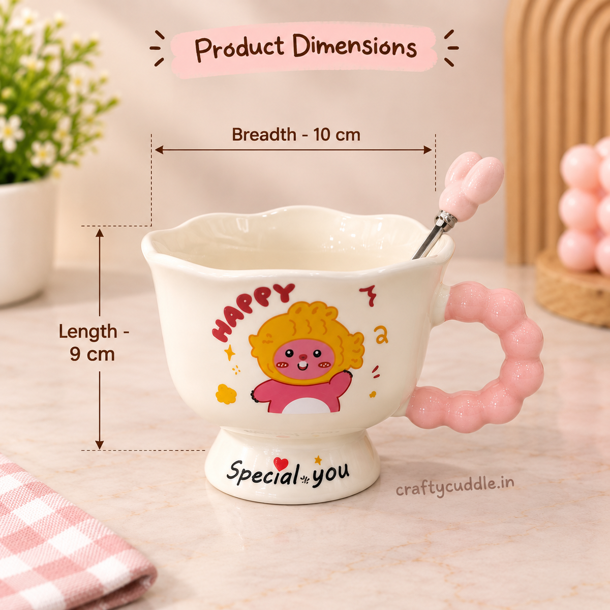 Ceramic Coffee Mug with Beaded Handle & Spoon