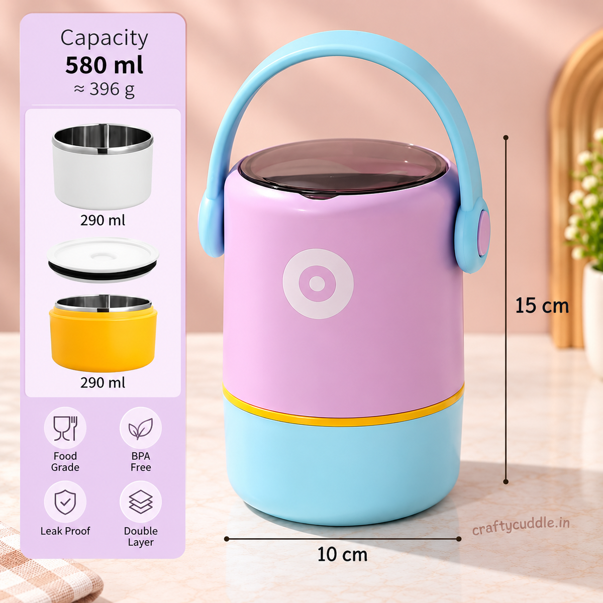 A pastel insulated food container with a lavender upper body, light blue base and handle, and a thin yellow band, shown on a soft beige background. The image includes dimension labels (15 cm height, 10 cm width) and a capacity panel stating 580 ml / 290 ml with icons for food grade, BPA free, leak proof, and double layer.