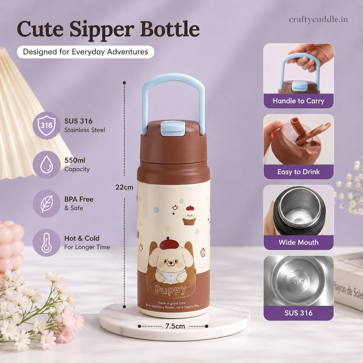 Cute Puppy 550ml Stainless Steel Sipper Bottle
