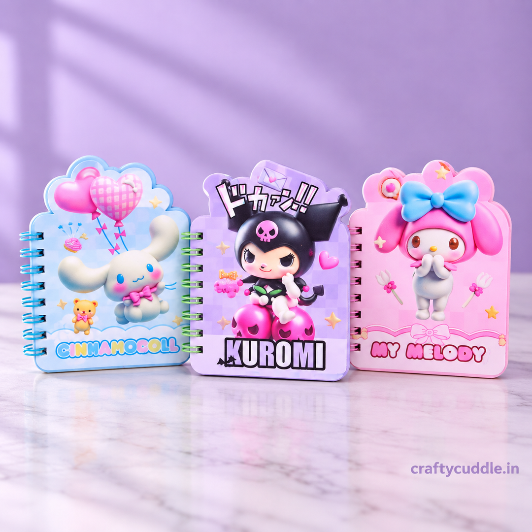 Three spiral-bound notebook toppers featuring Sanrio characters Kuromi, My Melody, and Sanrio Blue, displayed on a light marble surface against a lavender background.