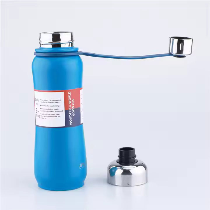 Blue thermos bottle with a coffee grinder on a light gray background