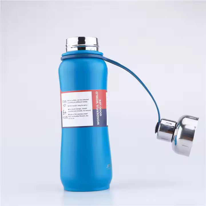 Blue water bottle with a silver cap on a white background
