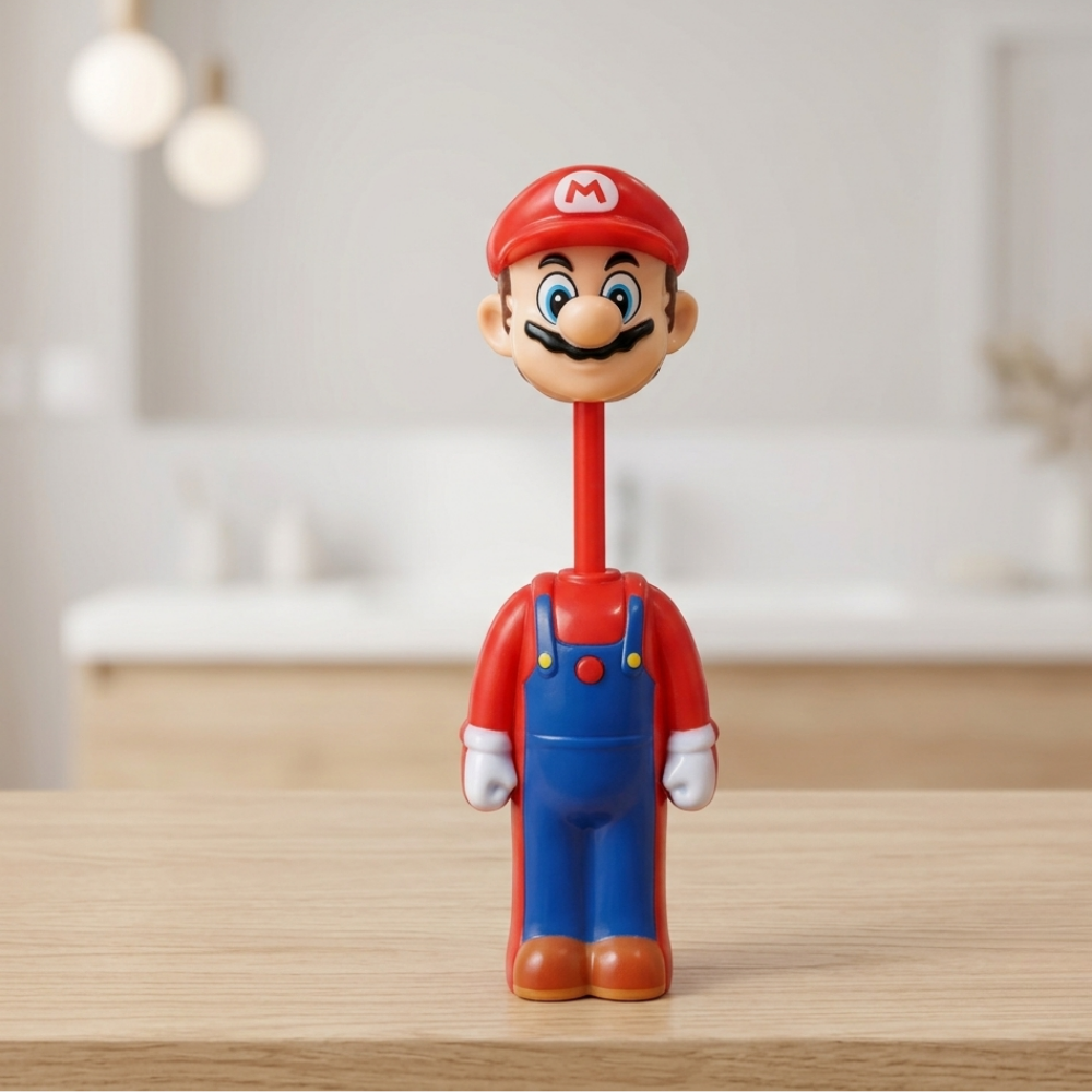 A Mario character novelty lamp or figurine standing on a light wood surface, with a blurred kitchen background. The figure wears a red cap and red shirt with blue overalls, white gloves, and brown shoes.