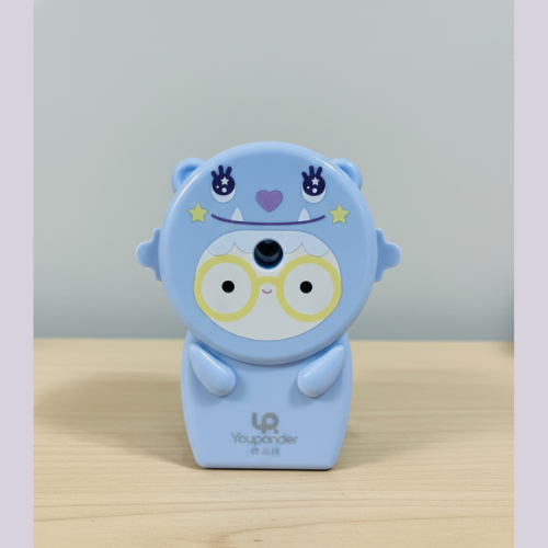 Blue cartoon character with glasses on a wooden surface and light gray background