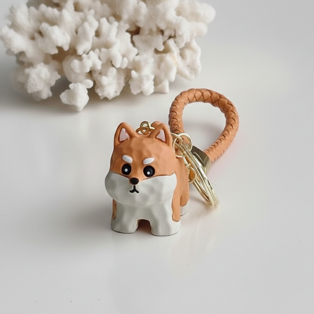 Dog-shaped keychain with a leather strap on a white background