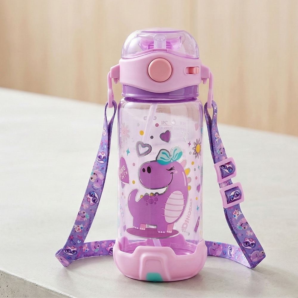 Children's water bottle with purple dragon design and strap on a light surface.
