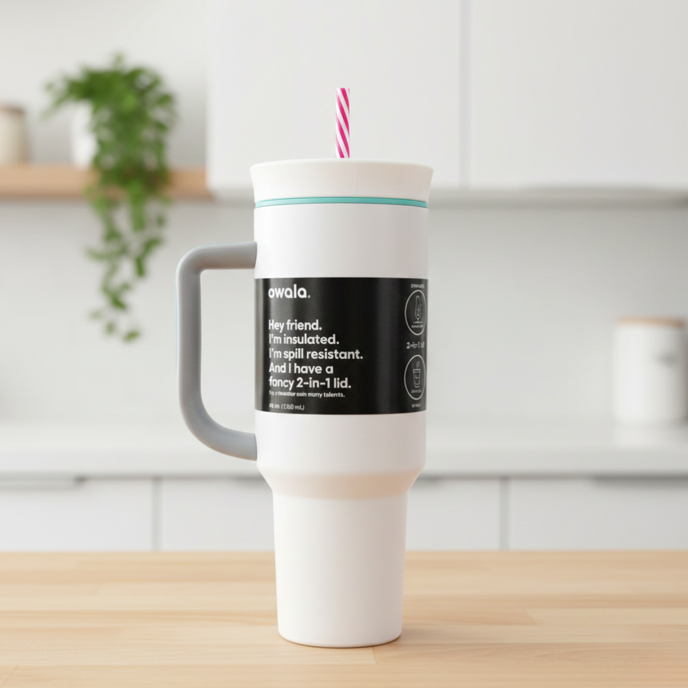 White tumbler with a label on a wooden table, blurred background