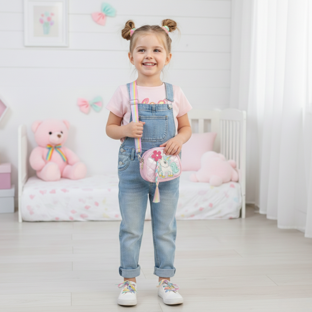 Young girl with a unicorn bag in a denim outfit standing in a bedroom with a teddy bear and pink decorations.