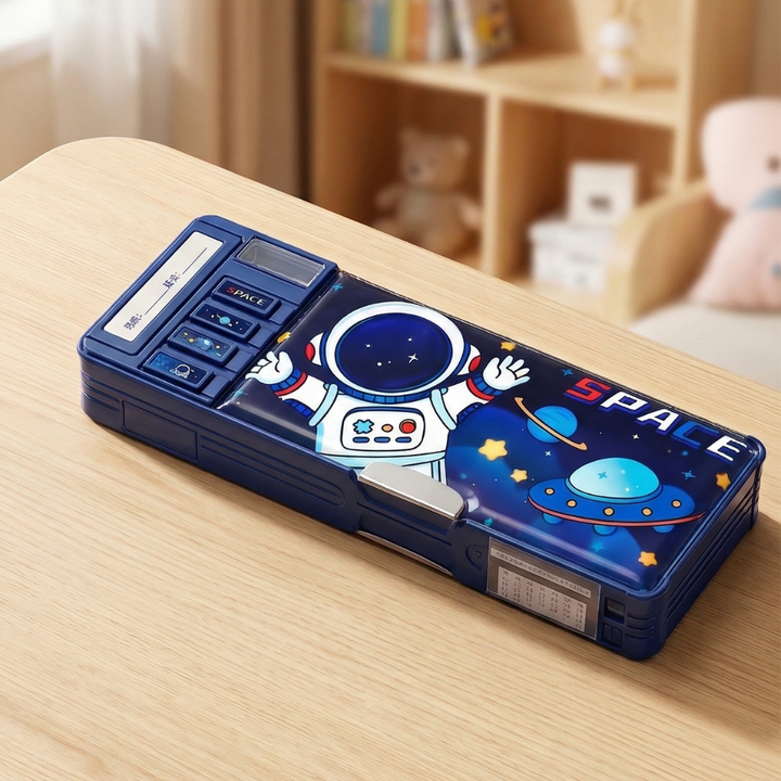 Space-themed pencil case on a wooden surface with a blurred background