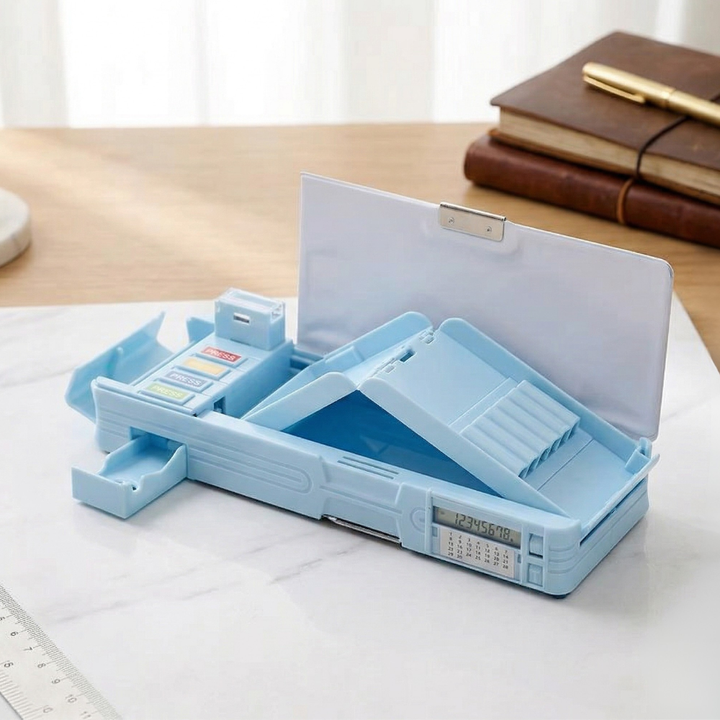 Blue pencil case with multiple compartments on a white surface