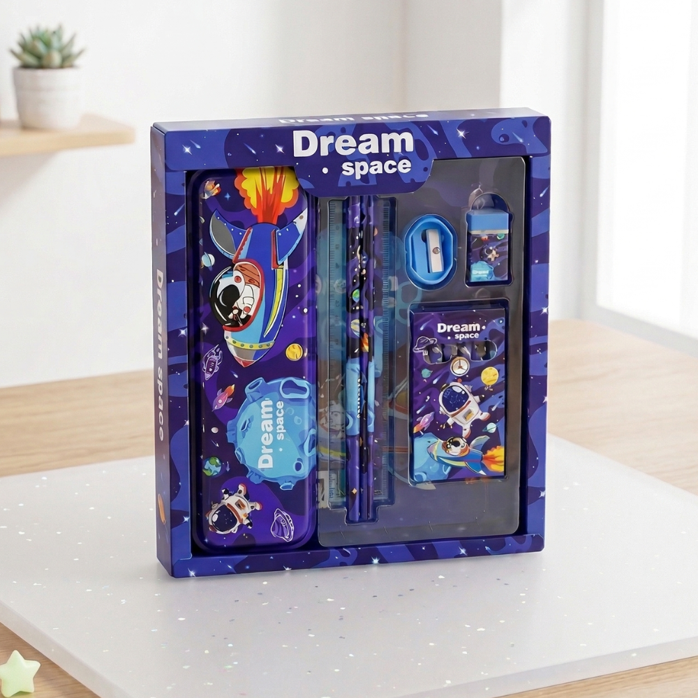 Space-themed stationery set in a box with 'Dream Space' branding on a white surface.