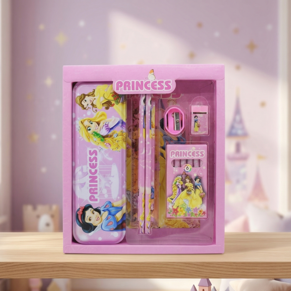 Princess-themed stationery set in a pink box with a castle in the background