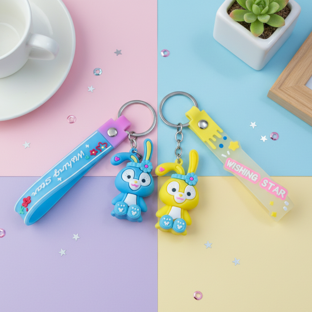 Two colorful keychains with cartoon characters on a pastel background