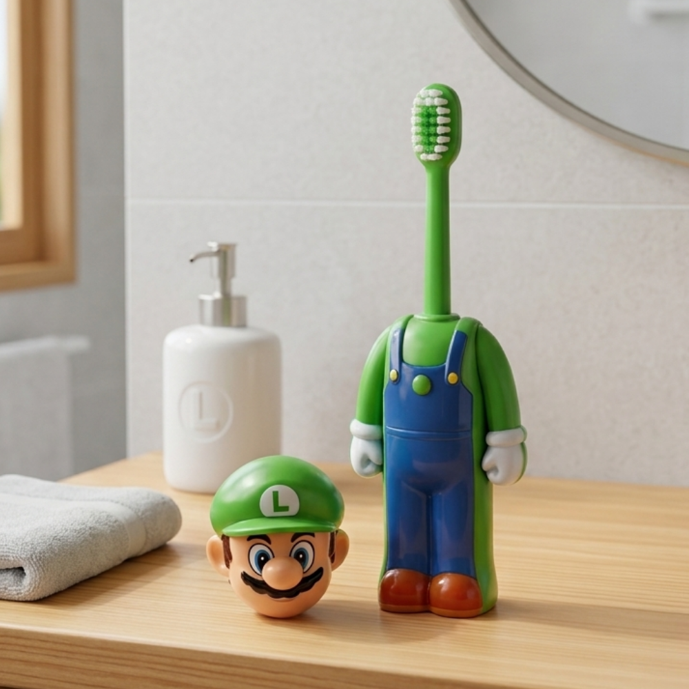 A green toothbrush shaped like a Luigi character stands on a bathroom counter next to a small Luigi head-shaped item, with a soap dispenser and towel in the background.
