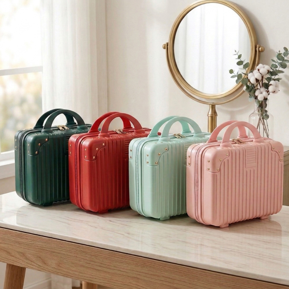 Four colorful suitcases on a wooden table with a mirror and flowers in the background.