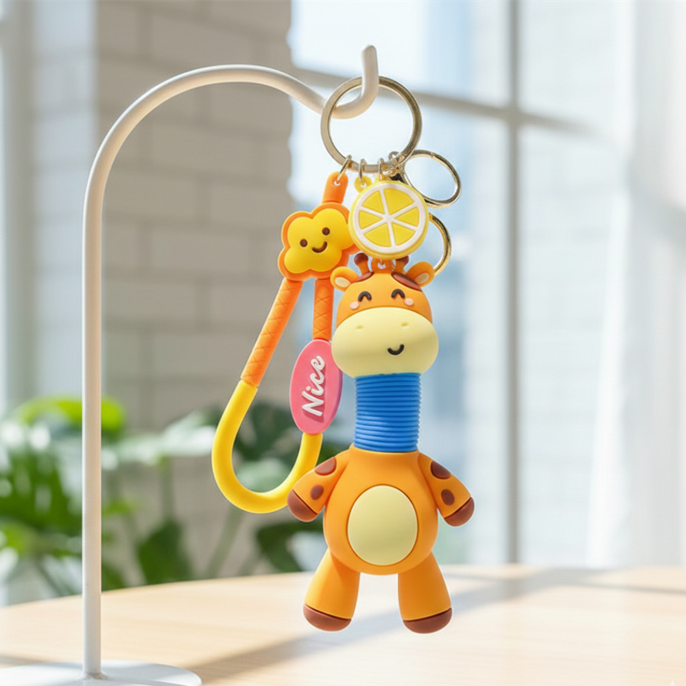 Colorful giraffe-shaped keychain with a lemon and a smiley face on a stand.