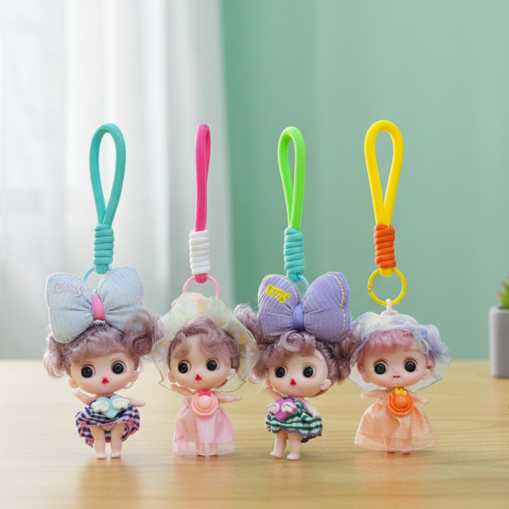 Four small doll keychains with colorful bows on a wooden surface with a light green background