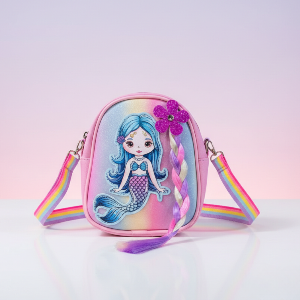 Children's bag with mermaid design and rainbow straps on a light pink background