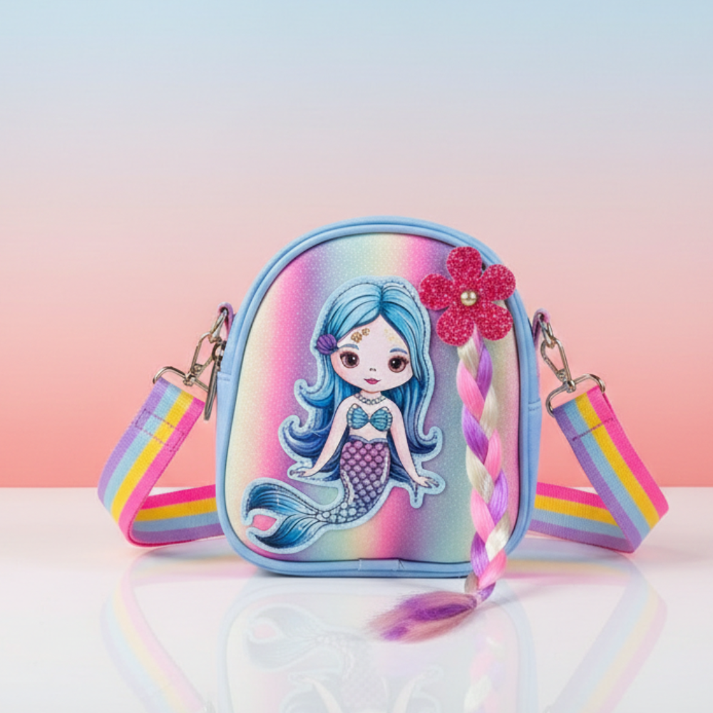 Children's bag with mermaid design and colorful straps on a gradient background