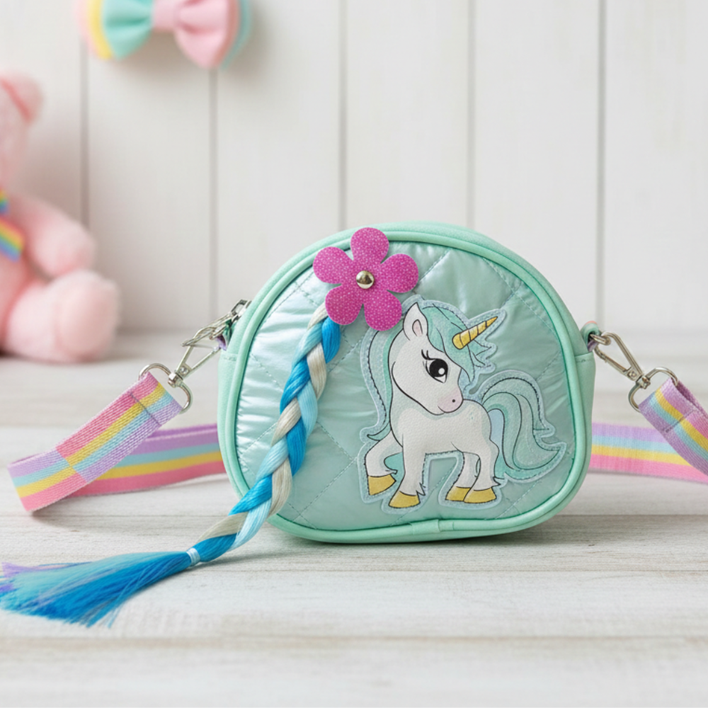 Children's purse with unicorn design on a wooden surface