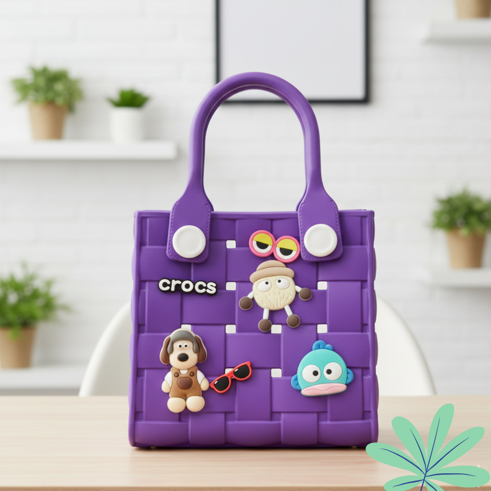 Purple children's handbag with cartoon character decorations on a wooden surface.