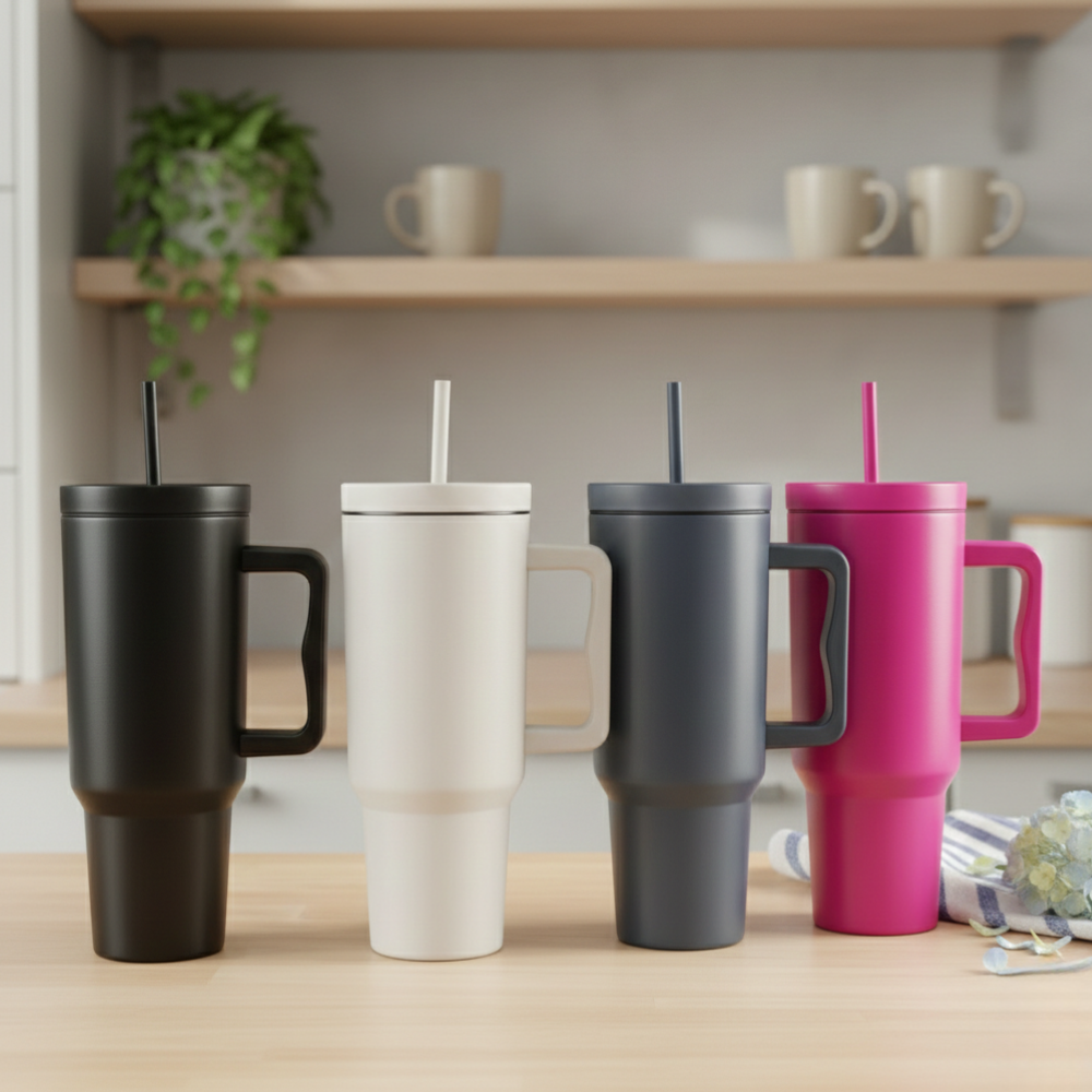 Four insulated travel mugs in black, white, gray, and pink on a wooden surface with a kitchen background.