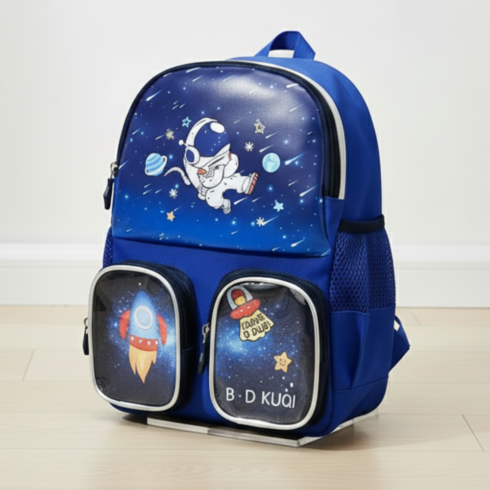 Blue backpack with space-themed design on a light wooden floor.