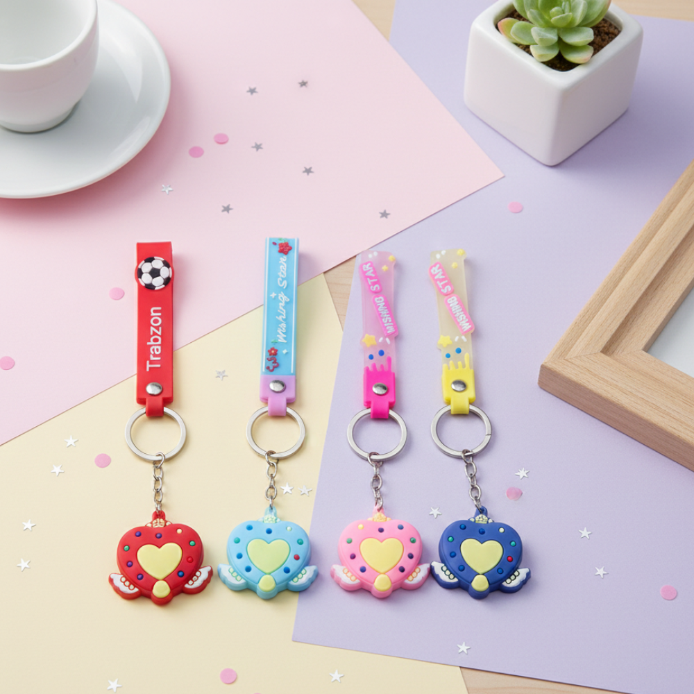 Four colorful keychains with heart designs on a pastel background